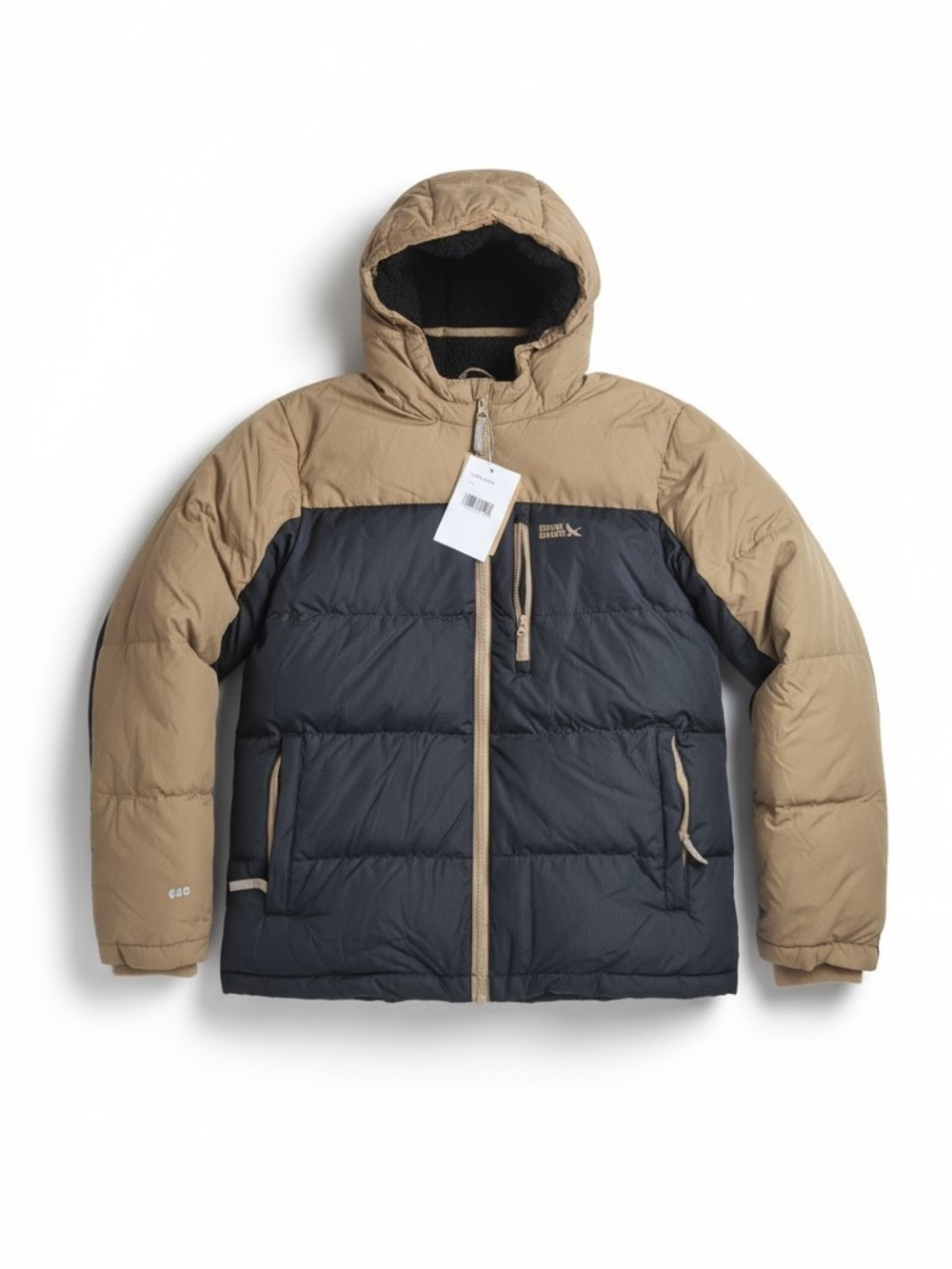 Eddie Bauer Boys Hooded Colorblock Down Puffer Jacket Tan/Navy Size 14